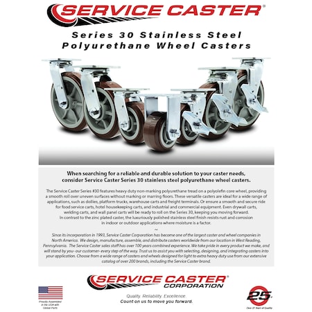 Service Caster 8 Inch SS Polyurethane Caster with Roller Bearing and Brake/Swivel Lock SCC SCC-SS30S820-PPUR-TLB-BSL